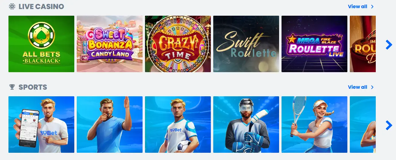 30Bet live casino and sports betting lobby overview.